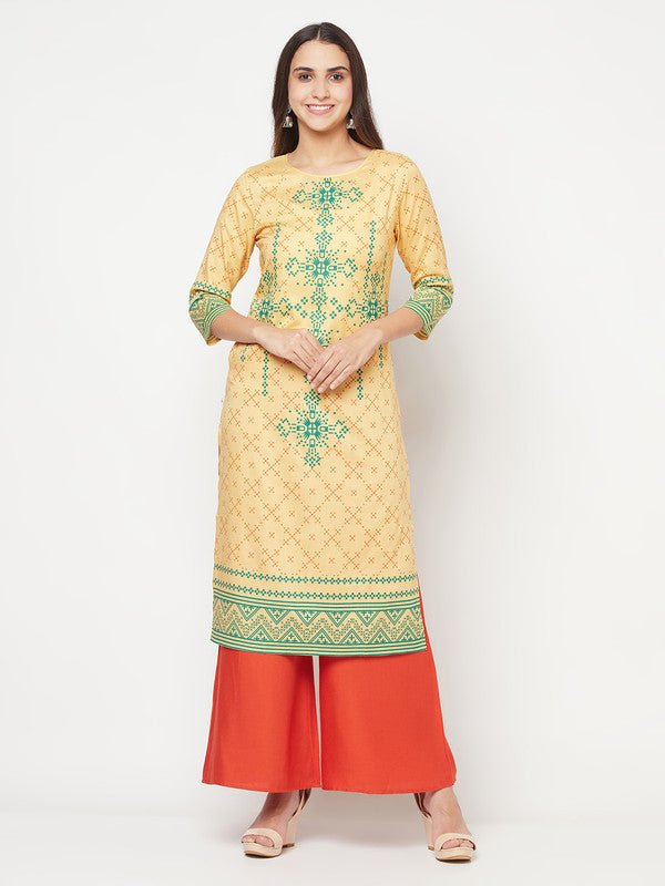 Aniyah Rayon Digital Screen Print Golden Beige Straight Kurta | Grocsy