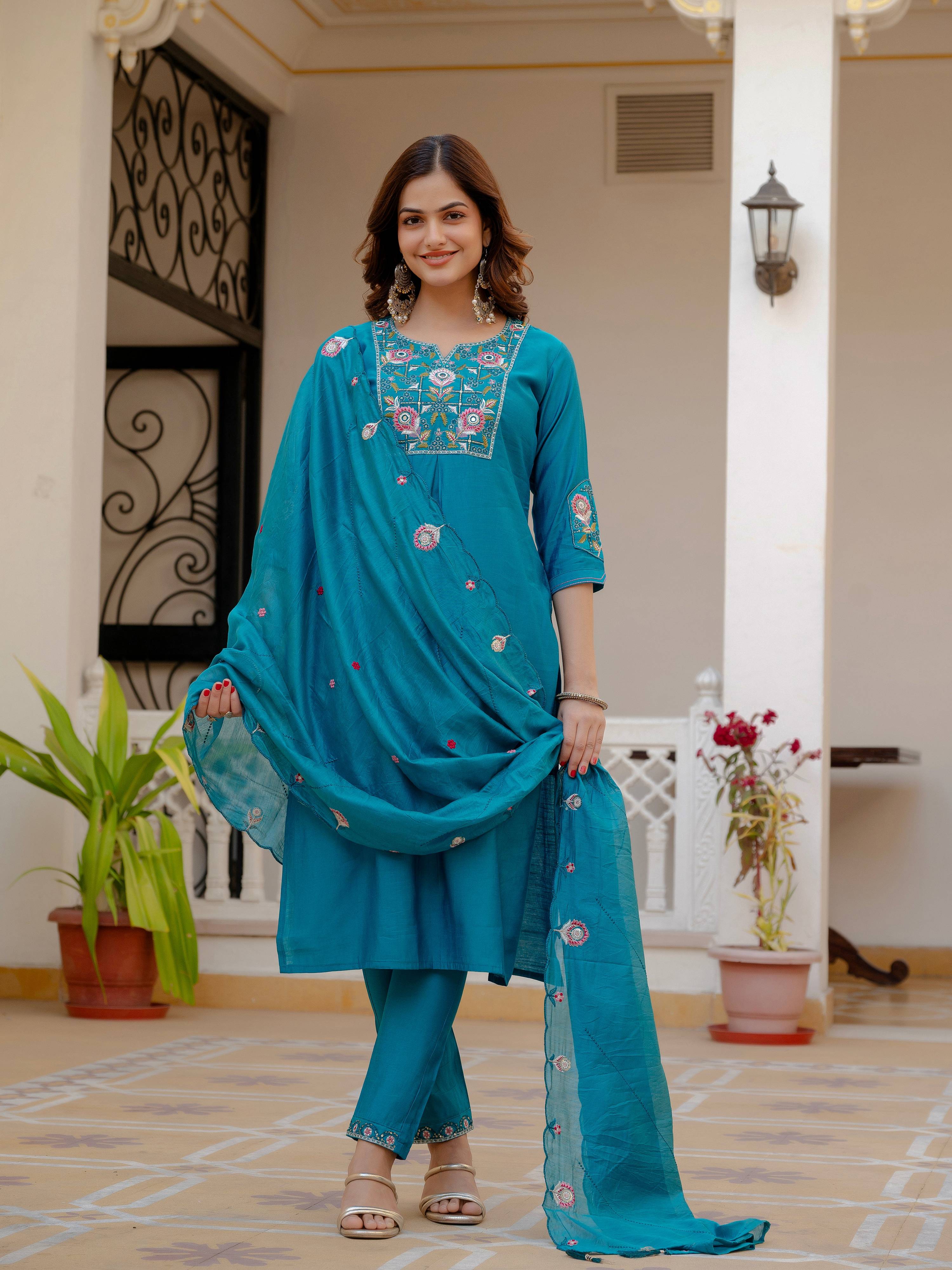 Pramukh Fab Firozi Color Viscose Mango Silk Kurta Set | Grocsy