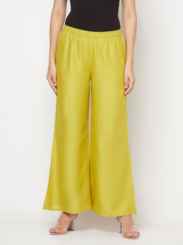 Aniyah Rayon Flared Slip-On Parrot Green Palazzo | Grocsy