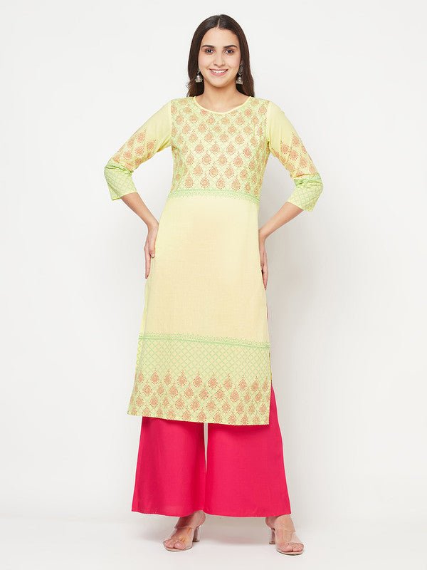Aniyah Cotton Block Print Lemon Yellow Straight Kurta | Grocsy