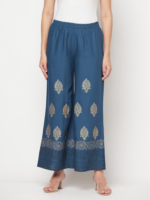 Aniyah Rayon Block Print Flared Slip-on Blue Palazzo | Grocsy