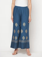 Aniyah Rayon Block Print Flared Slip-on Blue Palazzo | Grocsy