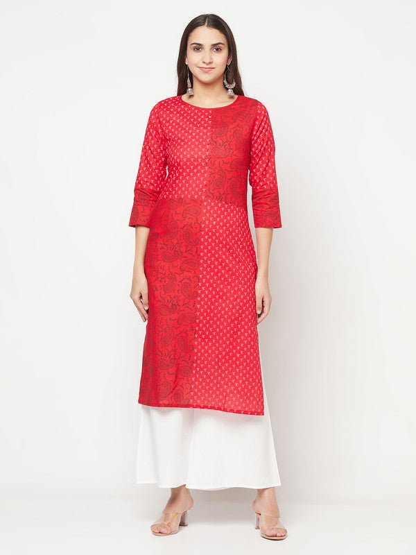 Aniyah Cotton Block Print Red Color Straight Kurta | Grocsy