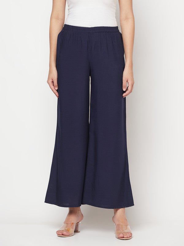 Aniyah Rayon Flared Slip-On Navy Blue Palazzo | Grocsy