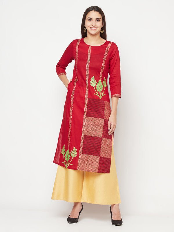 Aniyah Cotton Foil Print Maroon Straight Kurta | Grocsy