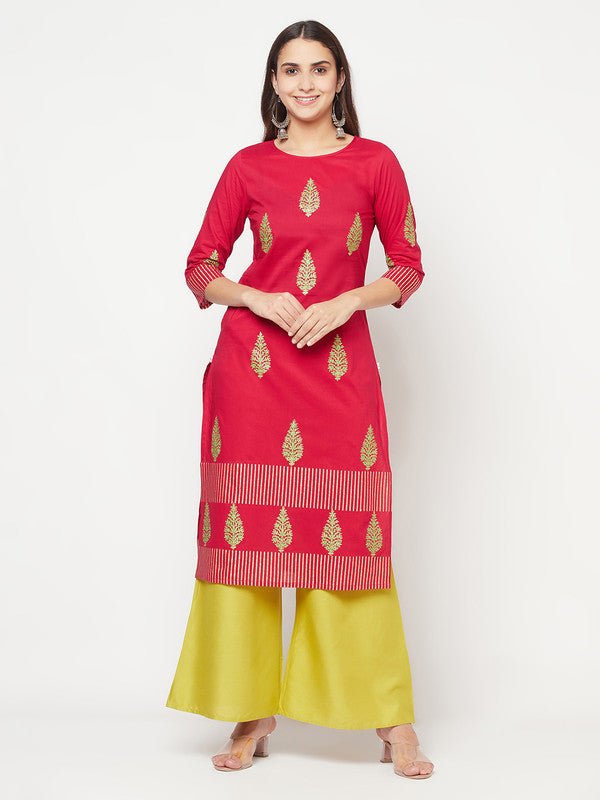 Aniyah Cotton Block Print Fuchsia Color Straight Kurta | Grocsy