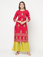 Aniyah Cotton Block Print Fuchsia Color Straight Kurta | Grocsy