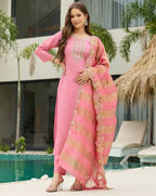The52 Women's Gorgeous Cotton Blend Embroidery Straight Kurta with Pant And Dupatta Set | Grocsy