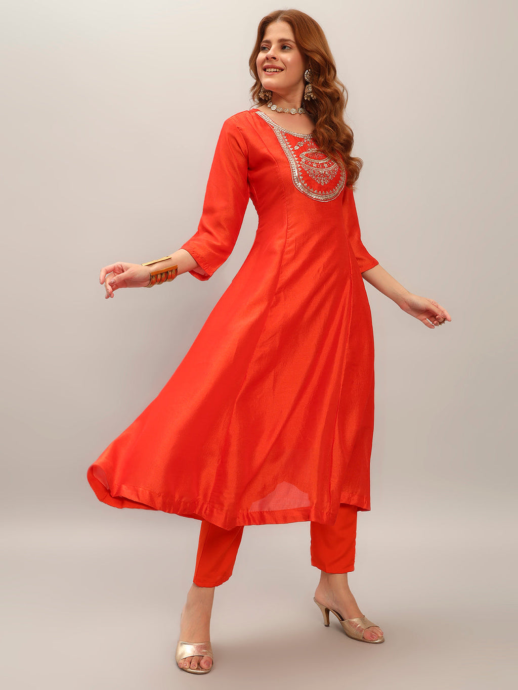 The52 Women's Orange Embroidered Vichitra Silk Fabric Straight Kurta, Pant and Dupatta Set | Grocsy