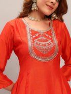 The52 Women's Orange Embroidered Vichitra Silk Fabric Straight Kurta, Pant and Dupatta Set | Grocsy