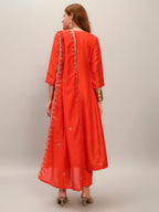 The52 Women's Orange Embroidered Vichitra Silk Fabric Straight Kurta, Pant and Dupatta Set | Grocsy