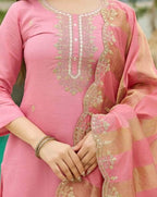 The52 Women's Gorgeous Cotton Blend Embroidery Straight Kurta with Pant And Dupatta Set | Grocsy