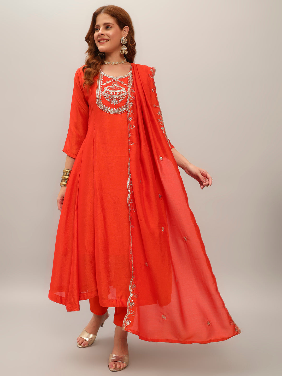 The52 Women's Orange Embroidered Vichitra Silk Fabric Straight Kurta, Pant and Dupatta Set | Grocsy
