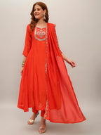 The52 Women's Orange Embroidered Vichitra Silk Fabric Straight Kurta, Pant and Dupatta Set | Grocsy