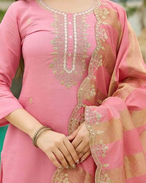 The52 Women's Gorgeous Cotton Blend Embroidery Straight Kurta with Pant And Dupatta Set | Grocsy