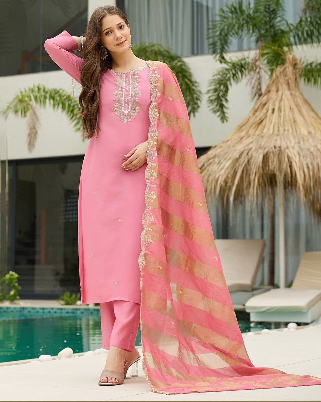 The52 Women's Gorgeous Cotton Blend Embroidery Straight Kurta with Pant And Dupatta Set | Grocsy