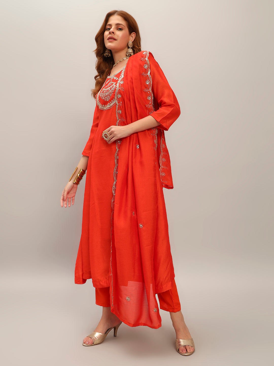 The52 Women's Orange Embroidered Vichitra Silk Fabric Straight Kurta, Pant and Dupatta Set | Grocsy