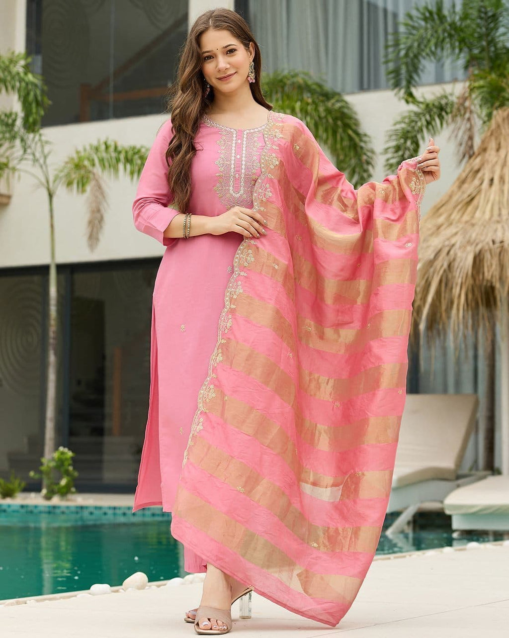 The52 Women's Gorgeous Cotton Blend Embroidery Straight Kurta with Pant And Dupatta Set | Grocsy