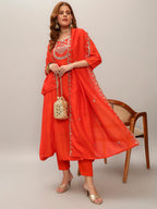 The52 Women's Orange Embroidered Vichitra Silk Fabric Straight Kurta, Pant and Dupatta Set | Grocsy