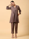 trueBrowns Cotton Linen Burnt Brown Pleated Co-Ord Set | Grocsy