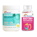 Dr. Morepen Biotin+ Advanced Tablets & DR. Morepen Marine Collagen Powder with Glutathione, Hyaluronic Acid, Resveratrol & Biotin Lemon Lime Flavour - Combo | Grocsy