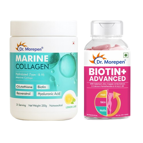 Dr. Morepen Biotin+ Advanced Tablets & DR. Morepen Marine Collagen Powder with Glutathione, Hyaluronic Acid, Resveratrol & Biotin Lemon Lime Flavour - Combo | Grocsy