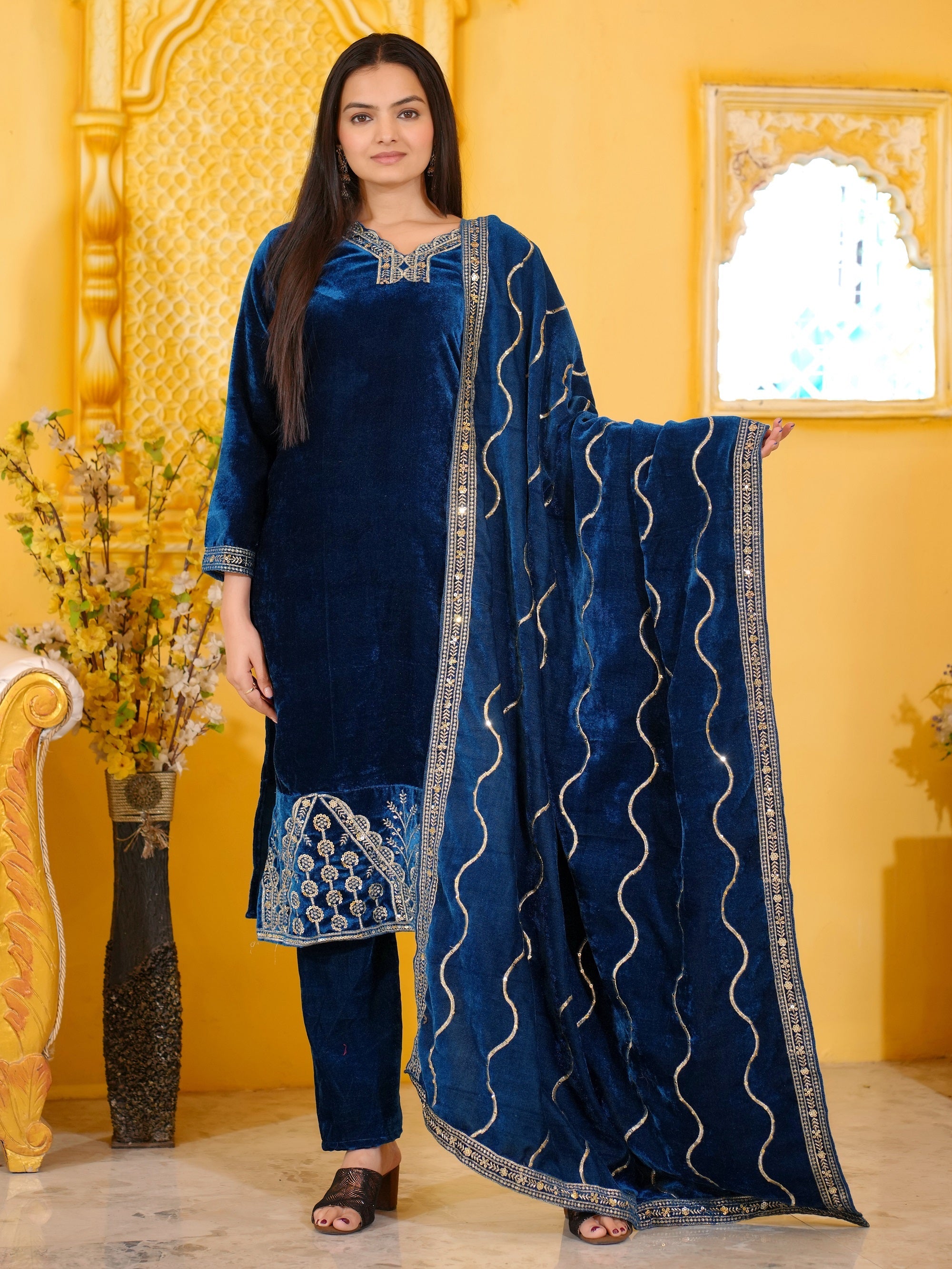 Teeya Creation Blue Color Velvet Heavy Embroidery Work Fully Stitched Salwar Suit | Grocsy