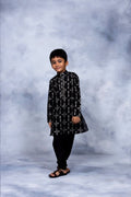 Ahalyaa Boys Black Chanderi Gold Printed Kids Kurta Churidar Set | Grocsy