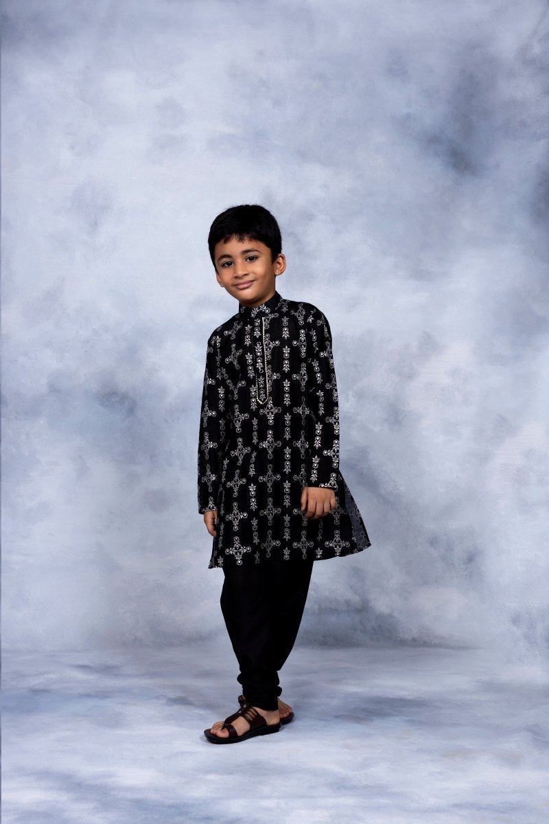 Ahalyaa Boys Black Chanderi Gold Printed Kids Kurta Churidar Set | Grocsy