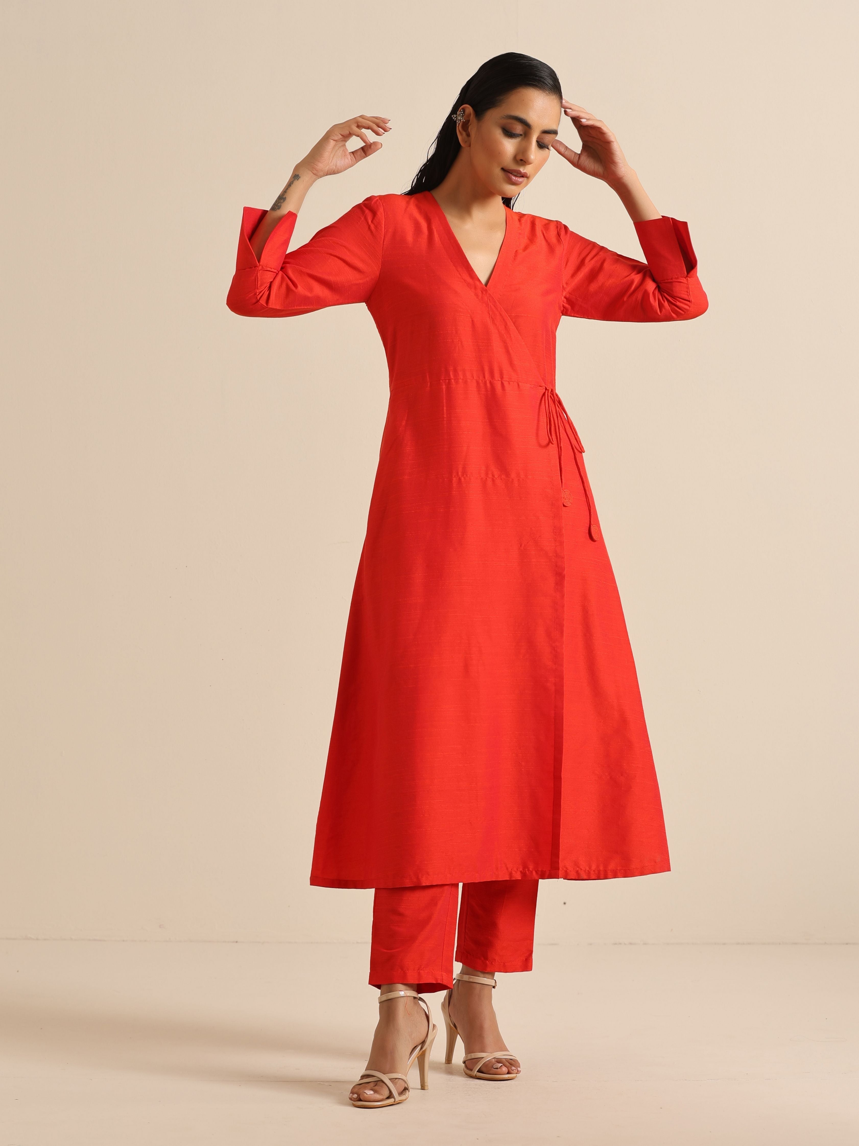 trueBrowns Orange Dupion Blend Angrakha Kurta Pant Set | Grocsy