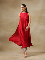 trueBrowns Maroon Textured Silk Sleeveless Kurta Pant Set | Grocsy