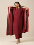 trueBrowns Ruby Wine Slub Texture High Low Kaftan Pant Set | Grocsy