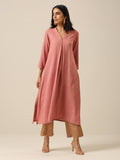 trueBrowns Light Mauve Slub Texture Neck Pleat Kurta Pant Set | Grocsy