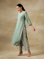 trueBrowns Light Green Bandhani Printed Silk High Slit Kurta Pant Set | Grocsy
