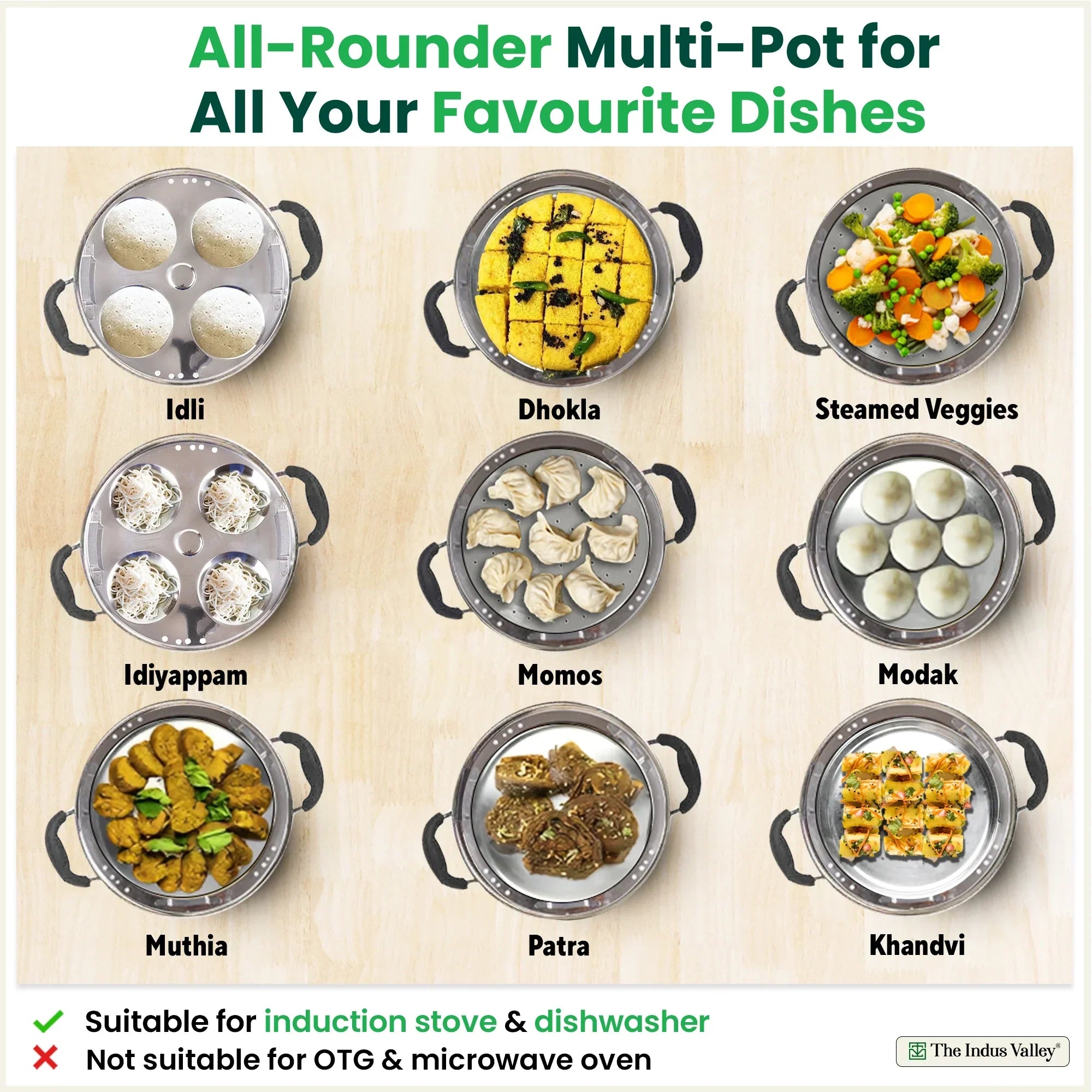 The Indus Valley 8 Pit Tri-Steel Multi Pot Premium Stainless Steel Idli/ Dhokla/ Momo Maker/ Veg Steaming Set, Tri-ply Induction Bottom, 5 Plates, 3L | Grocsy