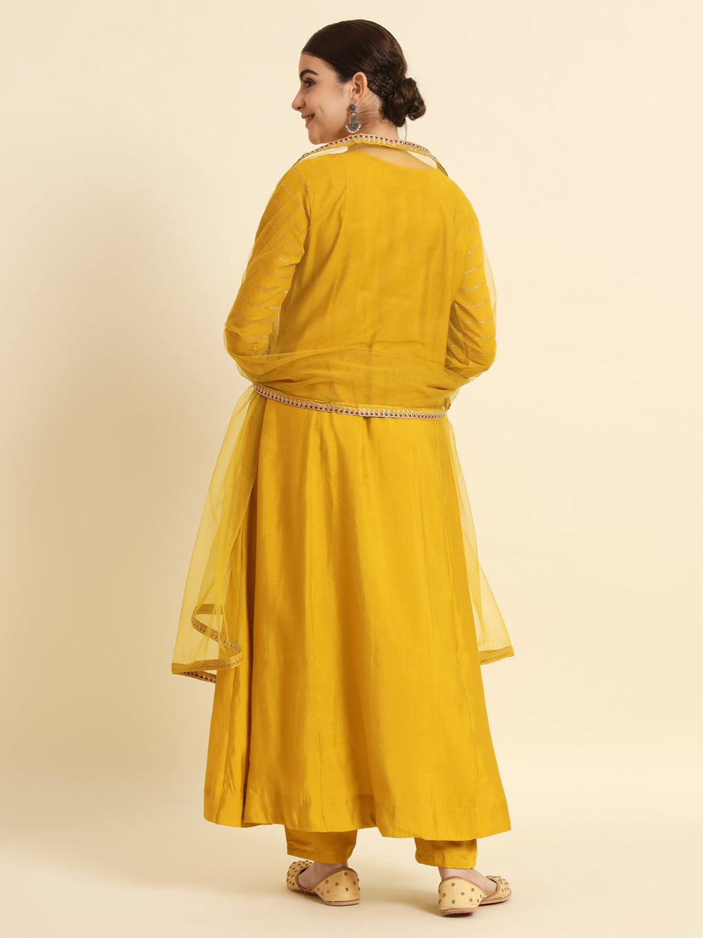 The52 Sequence Embroidered Plating Work Mustard Yellow Pure Chanderi Silk Flare Kurta With Pant & Dupatta Set | Grocsy