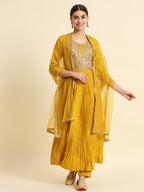 The52 Sequence Embroidered Plating Work Mustard Yellow Pure Chanderi Silk Flare Kurta With Pant & Dupatta Set | Grocsy