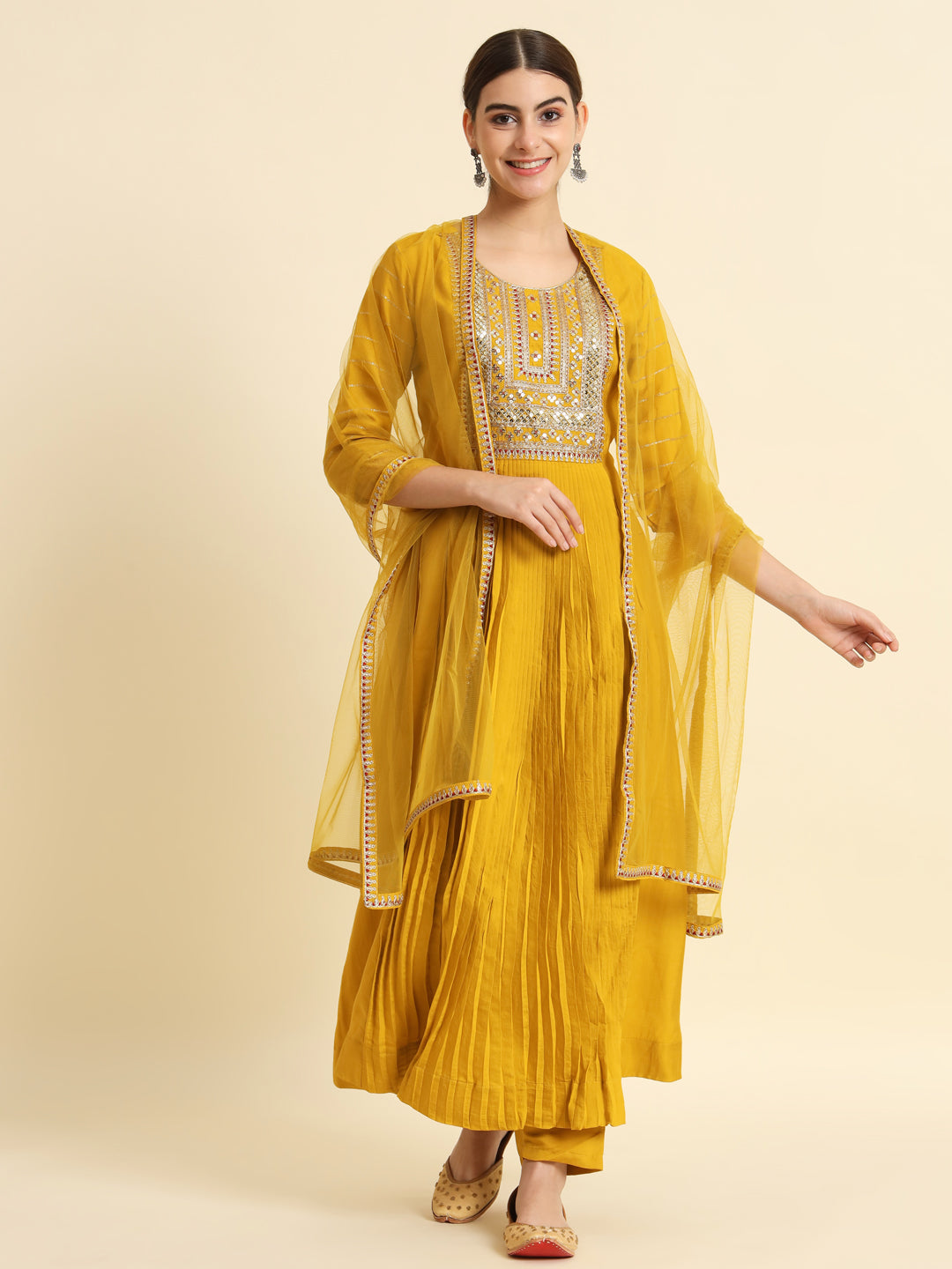 The52 Sequence Embroidered Plating Work Mustard Yellow Pure Chanderi Silk Flare Kurta With Pant & Dupatta Set | Grocsy