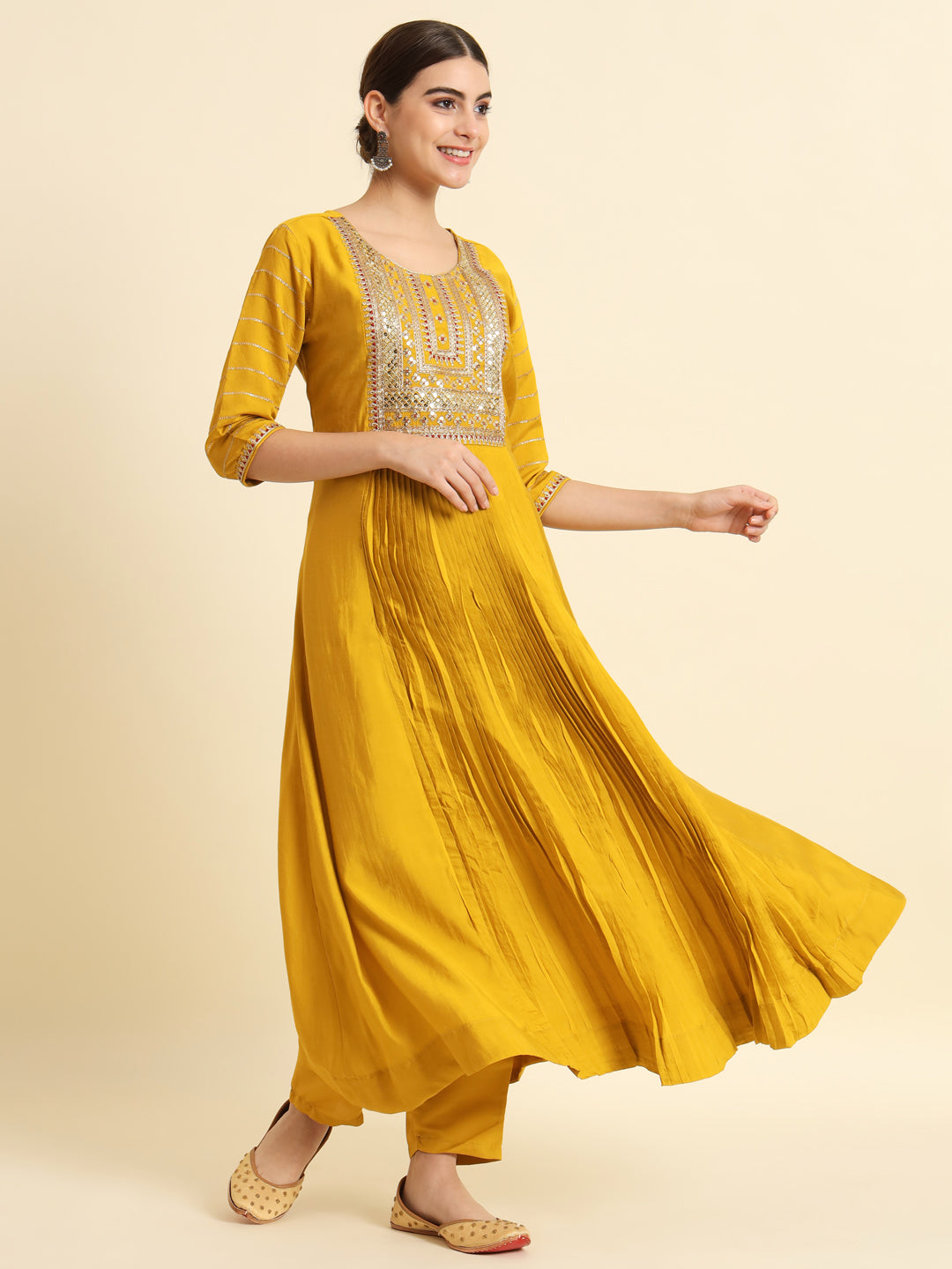 The52 Sequence Embroidered Plating Work Mustard Yellow Pure Chanderi Silk Flare Kurta With Pant & Dupatta Set | Grocsy