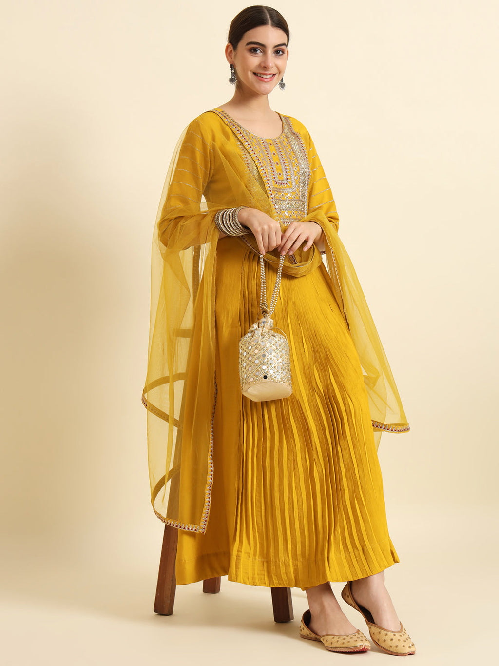 The52 Sequence Embroidered Plating Work Mustard Yellow Pure Chanderi Silk Flare Kurta With Pant & Dupatta Set | Grocsy