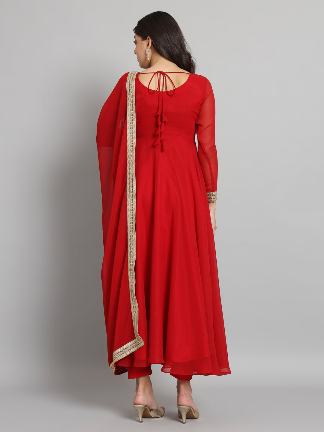 Fab Fashion Cherry Red Georgette Gota Anarkali Set | Grocsy
