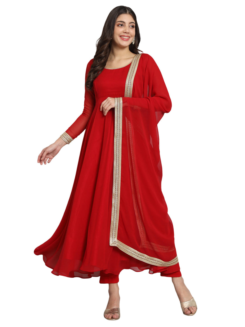Fab Fashion Cherry Red Georgette Gota Anarkali Set | Grocsy