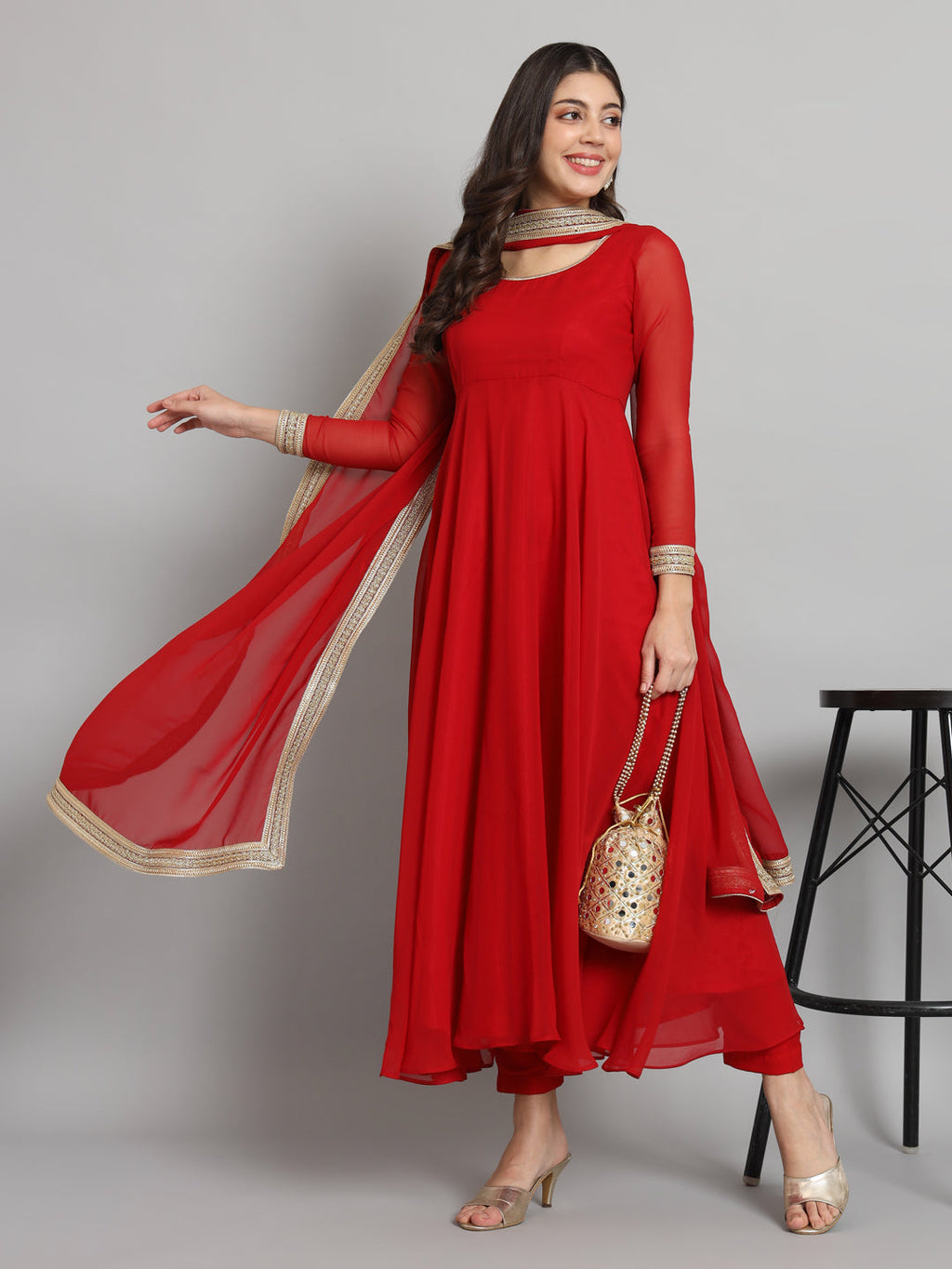 Fab Fashion Cherry Red Georgette Gota Anarkali Set | Grocsy