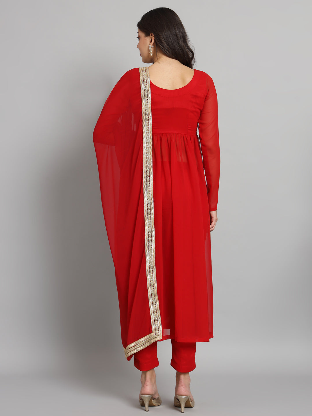 Fab Fashion Cherry Red Georgette Side Slit Set | Grocsy