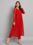 Fab Fashion Cherry Red Georgette Side Slit Set | Grocsy