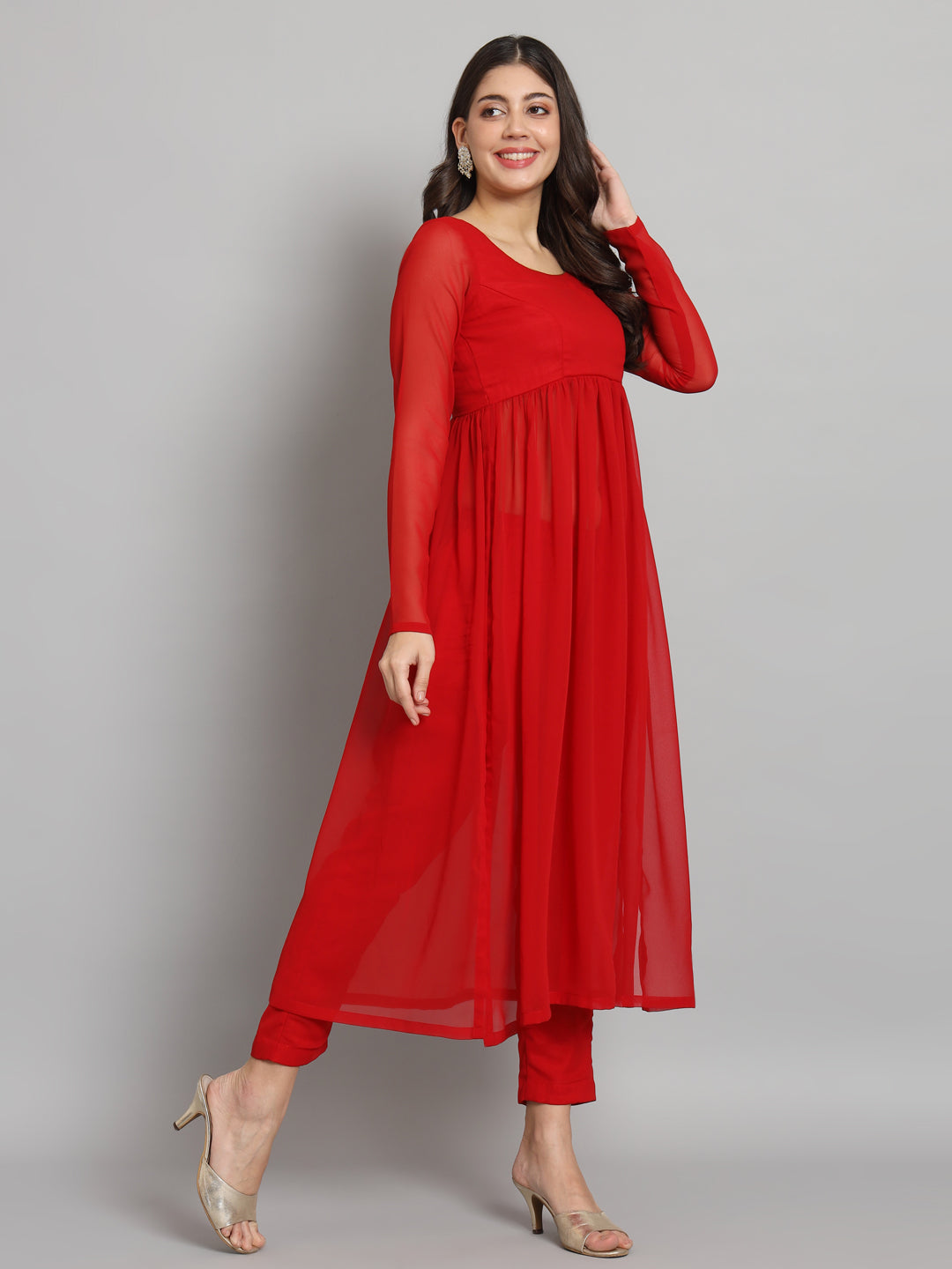 Fab Fashion Cherry Red Georgette Side Slit Set | Grocsy