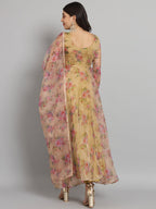 Fab Fashion Pink Floral Golden Organza Anarkali Set | Grocsy