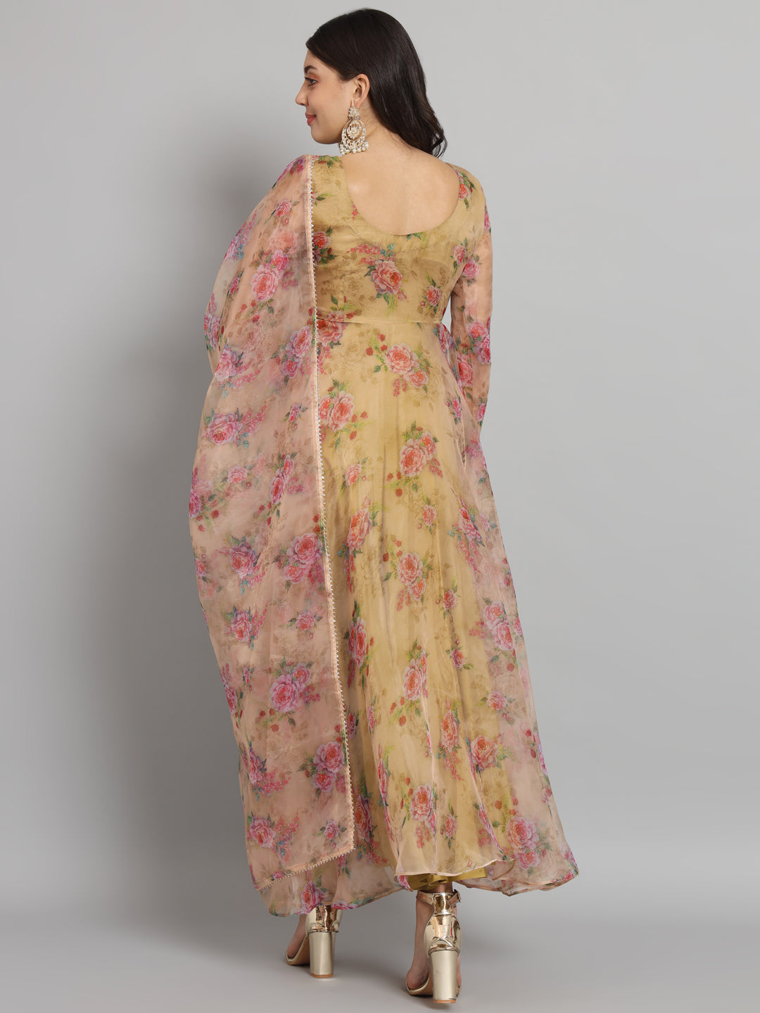 Fab Fashion Pink Floral Golden Organza Anarkali Set | Grocsy