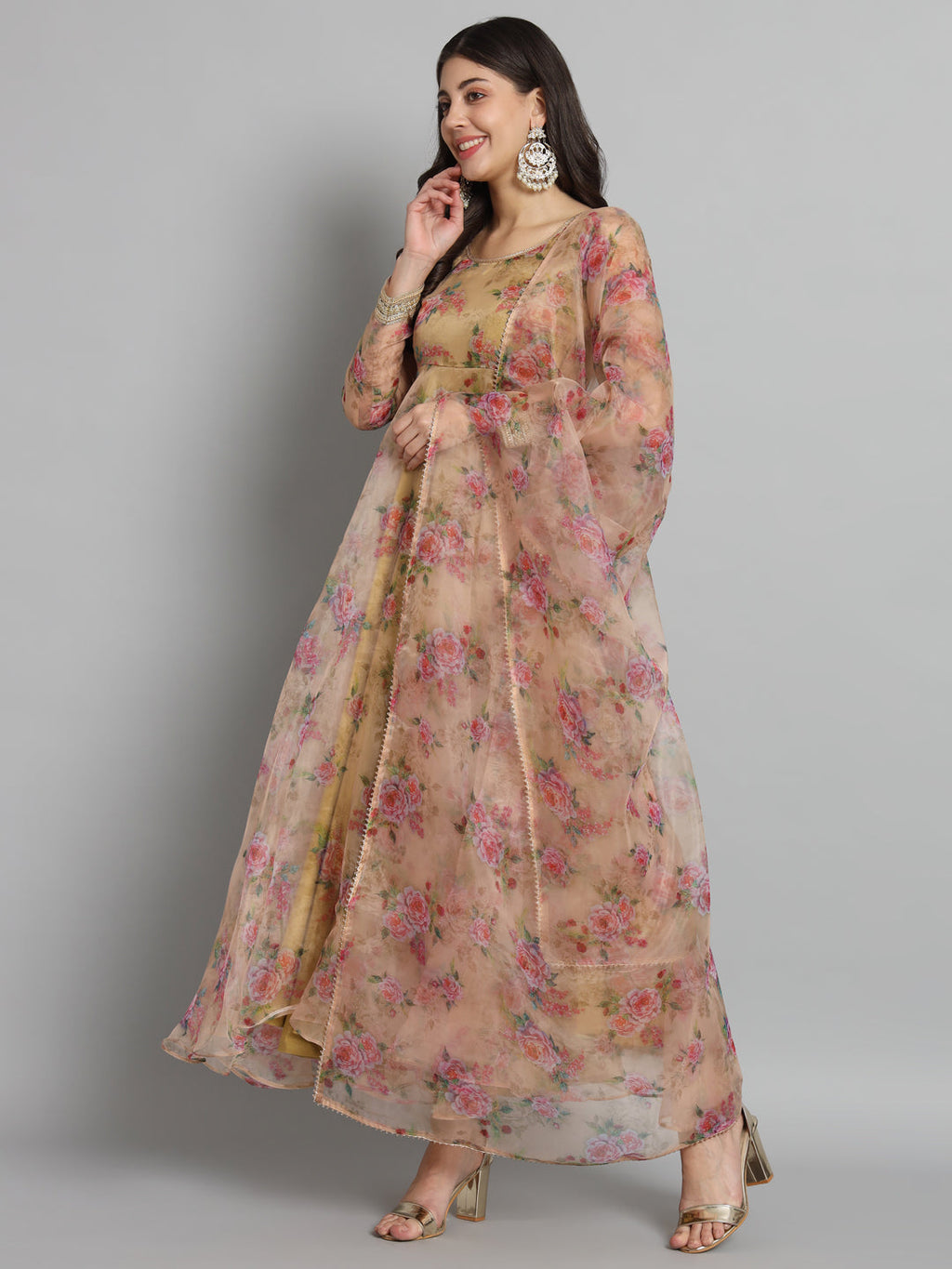 Fab Fashion Pink Floral Golden Organza Anarkali Set | Grocsy