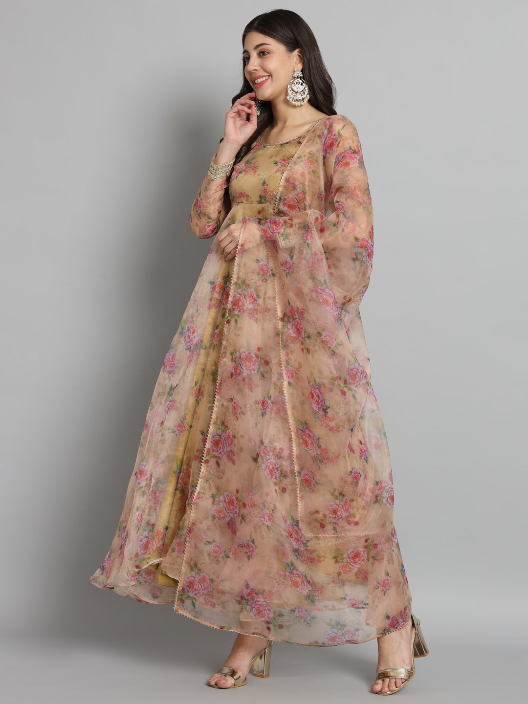 Fab Fashion Pink Floral Golden Organza Anarkali Set | Grocsy